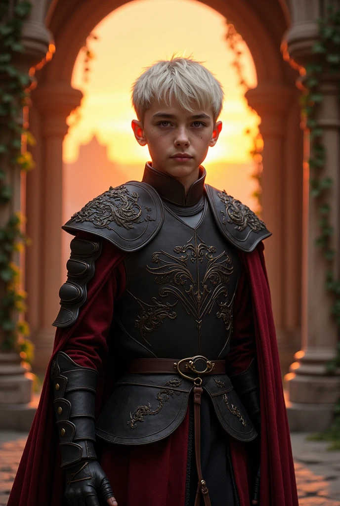 A teenage Targaryen prince with short white hair, rude violet eyes and ...