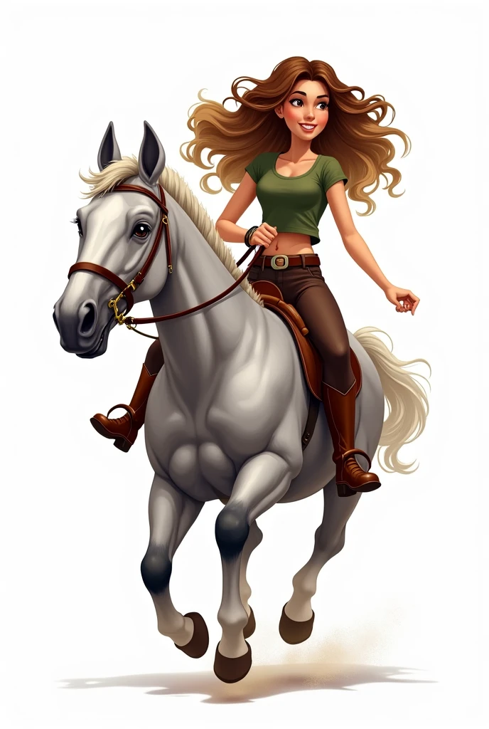 Illustration 2D sur fond blanc. Dappled Grey Horse (Brown eyes) qui court vers la droite avec une femme, Long, curly brown hair with blonde ombre, yeux noisettes, t-shirt vert militaire et pantalon d'équitation marron avec ceinture et boots marron.