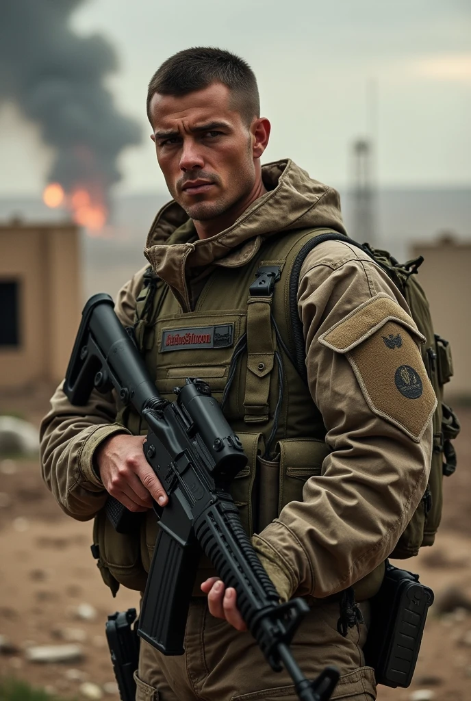 A soldier stands with his rifle in front of him.