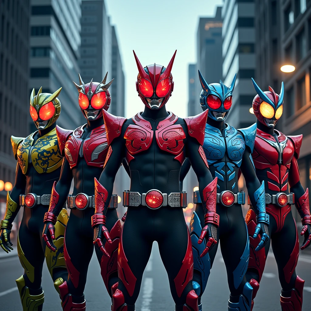 a closeup photo of a team of 5 kamen riders doing heroic poses