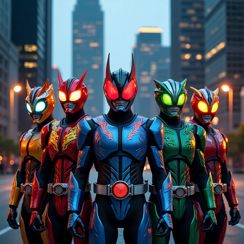a closeup photo of a team of 5 kamen riders doing heroic poses