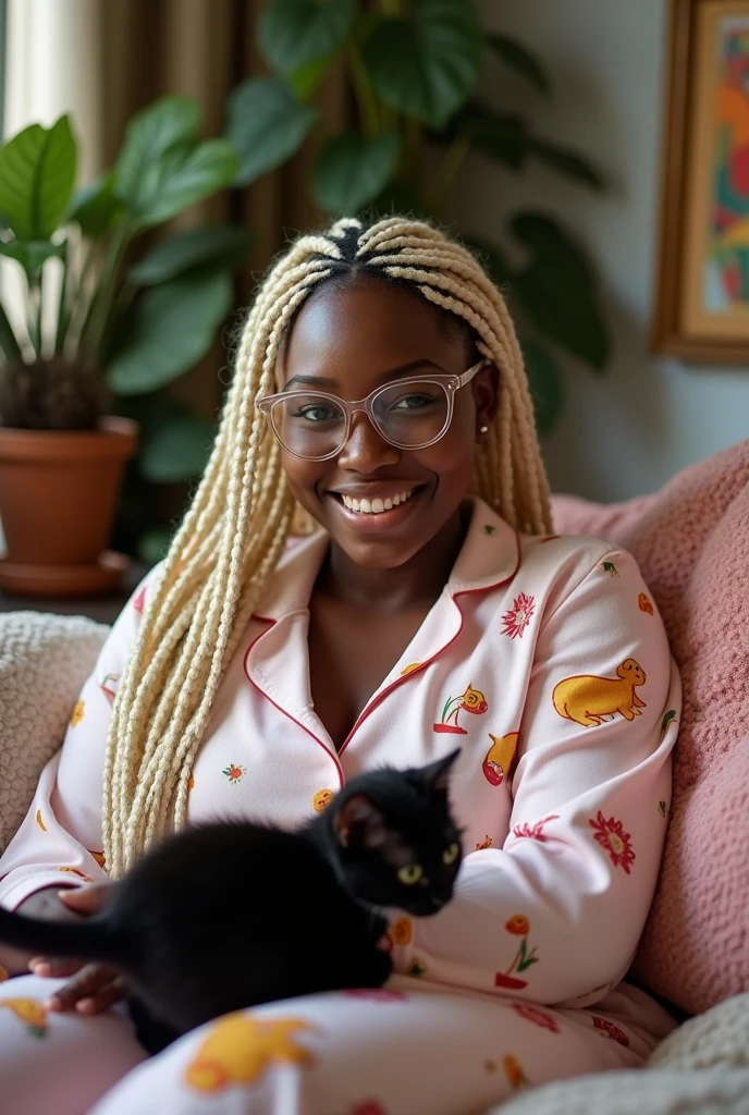 A Black woman with a slightly rounder face, sporting light blonde, almost white, box braids and transparent framed glasses, living alone in an apartment in Sao Paulo with a black kitten, wearing comfortable anime-style pajamas.