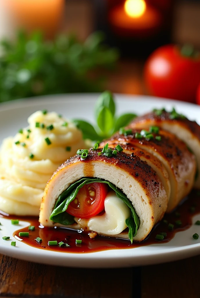 a caprese stuffed chicken ballotine with balsamic reduction and mashed potato on the side