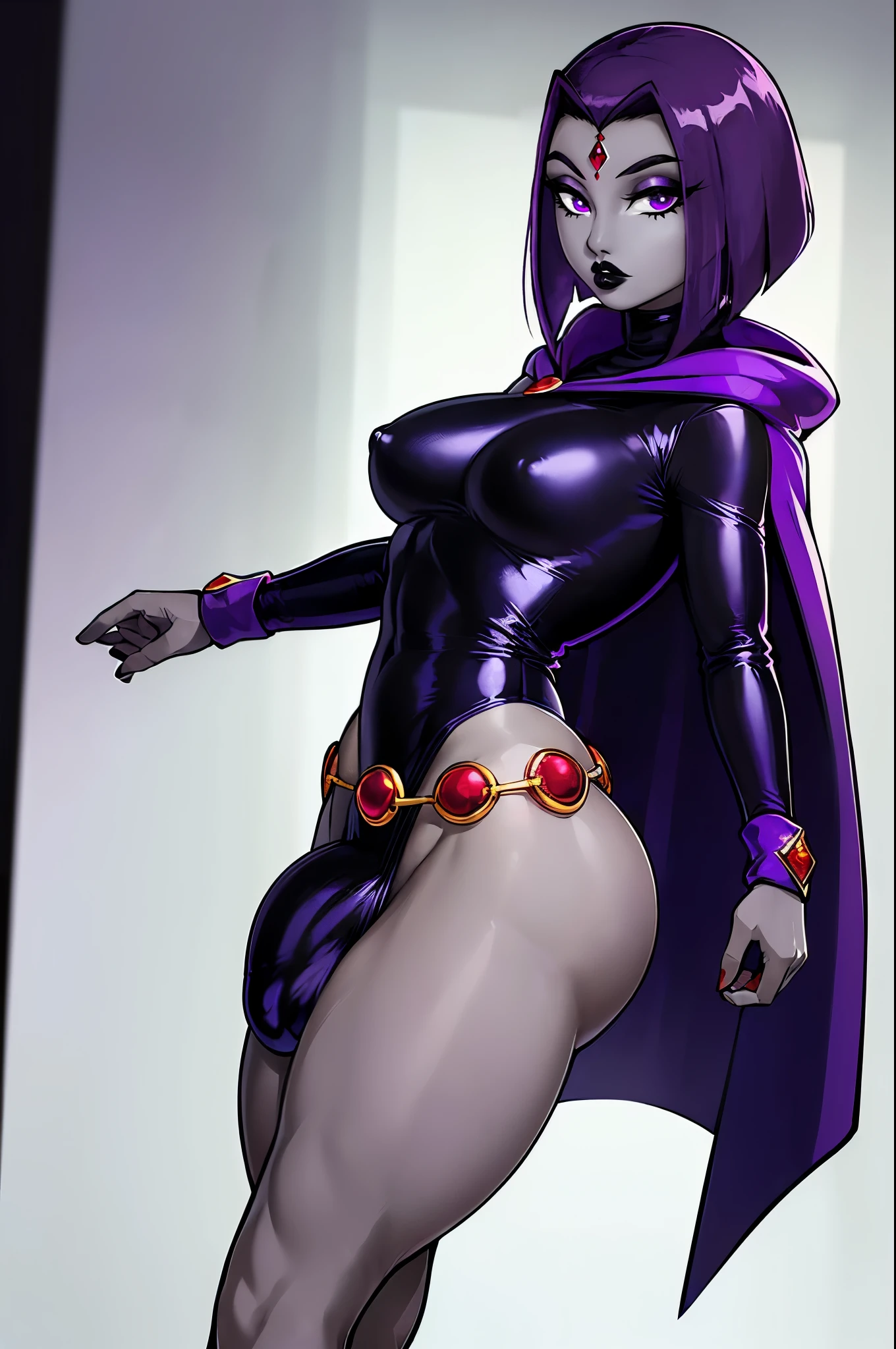 (solo:1.1),(masterpiece), (best quality:1.3),, (ultra detailed), (intricate), professional art, digital art, absurdres, shadraven, (far away view:1.1), 1girl, solo, (grey skin:1.4), dark purple hair, bob hair, dark purple eyes, hips wider than shoulders, pear shaped body, jewellery, detailed thighs, (thick thighs:1.3), red jewel in forehead, jewels, (long sleeved turtleneck leotard:1.4), (Red jewel Belt), (red jewel brooch), cuffs, small breasts, nipple bulge, (raven long dark purple hooded cape), (Shadraven brooch:1.2), Shadraven jewel belt, Shadraven wearing a long sleeved leotard with a hooded cape and fingerless glovess, (long legs:1.3), ( detailed long thick veiny crotch bulge with veins showing through clothing:1.4), large penis, large testicles, looking at viewer, (side angle frontal view),(bubble butt) , gluteal crease, universal lighting,(Detailed ass),
