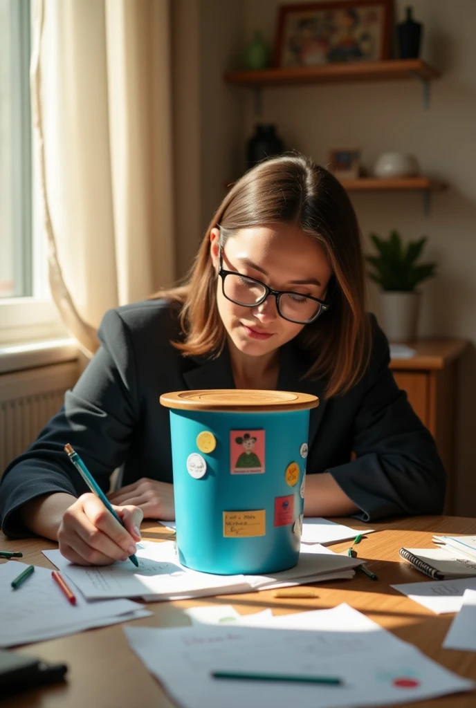 Person writing their personal information on a small cylindrical plastic stool collection container for analysis