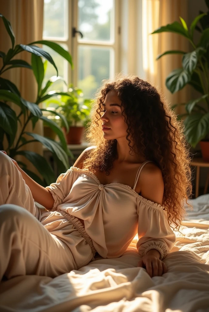 (photorealism:1.2), beautiful woman, sitting on bed, wearing loose off-shoulder top, pajama pants, long curly hair, indoors, soft lighting, plants in background, window with sunlight, cozy room, relaxed pose, realistic, intricate details, warm colors, by Greg Rutkowski, by Alphonse Mucha