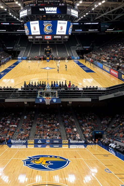 The Crescent Valley Wolves stadium is a striking, state-of-the-art facility that exudes energy and intensity. The exterior is sleek and modern, with bold steel beams and glass panels reflecting the LA skyline. Massive LED screens display the Wolves’ logo and highlights, pulsing with electric excitement. Inside, the arena is designed for a roaring crowd—tiered seating wraps around the court, creating an intimate yet intense atmosphere. The hardwood floor shines under bright lights, with the Wolves' emblem emblazoned at center court. Banners of past victories hang from the rafters, reminders of the team’s legacy and high expectations.