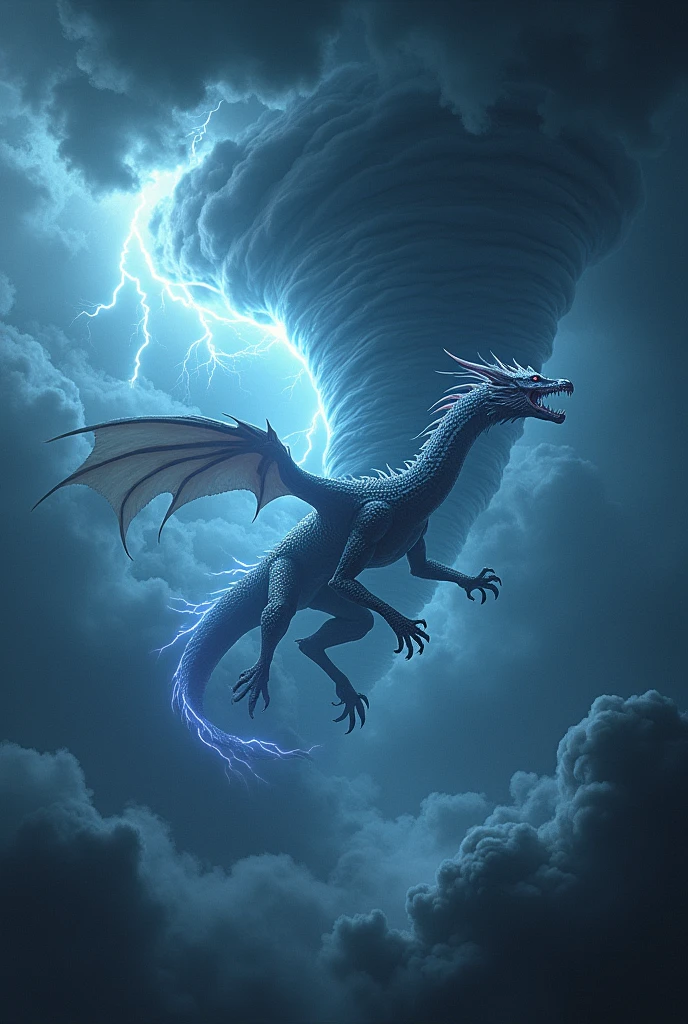 lightning dragon, heavy storm, tornado behind, ray tracing, retina, masterpiece, super detail, 16k, award winning