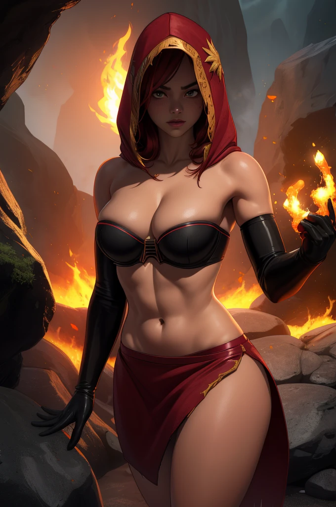 Dsorceress, redhair, shadowy face,dark cave, fire, hood, shadowed cute face, mini skimpy strapless bra, slim and athletic body, skinny thighs, skimpy slit miniskirt, no underwear, no panty, elbow gloves, dark skin, 1 girl (insanely detailed, masterpiece, best quality)