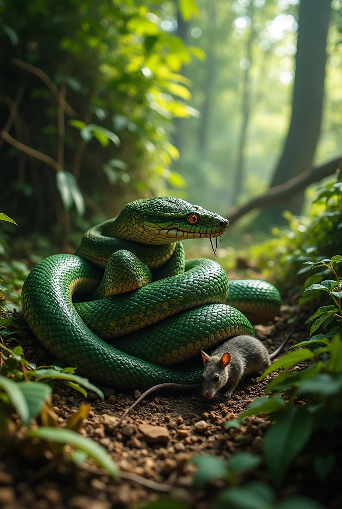 A snake being eaten by another snake while trying to reach a rat to eat.
