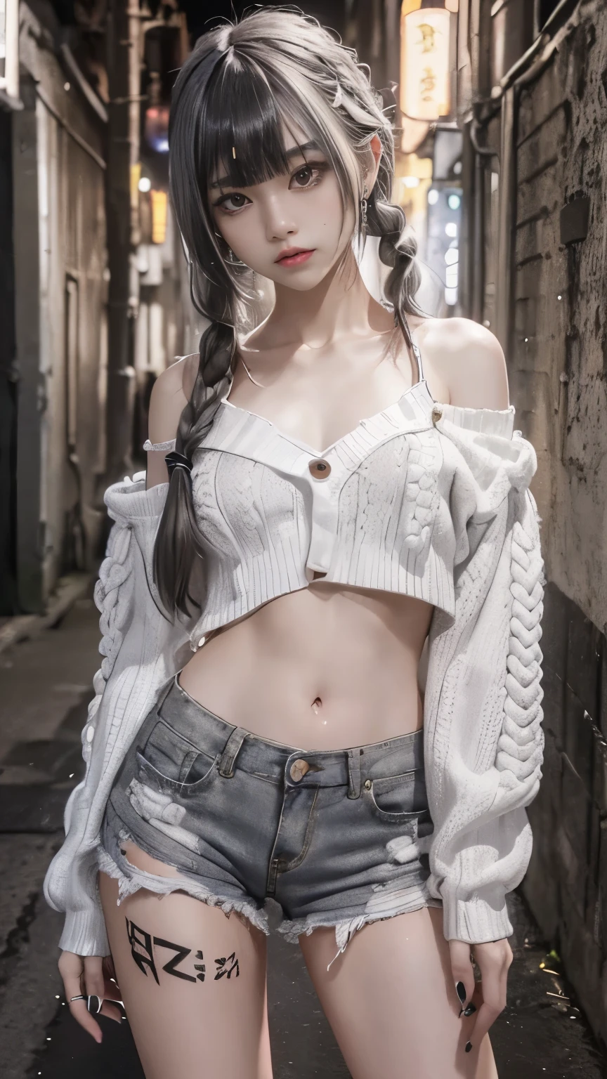 RAW Photos, 8k, (Highest quality), Realistic, (live-action, Intricate details), (Natural skin texture, Detailed skin, Hyperrealism, Sharpness), (Japanese girl standing in a dirty back alley at night, graffitied wall:1.3, Sexy pose), ((White knit sweater, Off the shoulder, Black shorts)), (((Flat Chest:1.5))), (Pale skin:1.2), ((Gray Hair, Braid, Blunt bangs)), (Fascinating face, Provocative look, Lips parted:1.3), thigh, graffiti:1.5, trash can, at night, Spot lighting:1.3, Full Body Shot