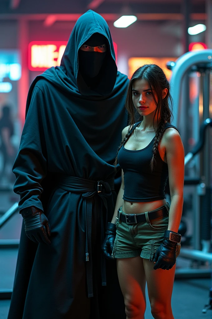 I want you to draw noob saibot from Mortal Kombat with Lara Croft together at the gym 