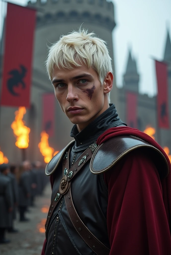 A Targaryen prince with short white hair, violet eyes, a rough demeanor, and a short scar on his cheek.