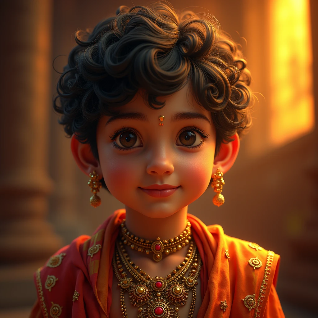 a divine child krishna,beautiful detailed eyes,beautiful detailed lips,extremely detailed eyes and face,longeyelashes,ornate traditional indian clothing,intricate jewelry,cinematic lighting,dramatic cinematic angle,cinematic composition,rich vibrant colors,warm color palette,glowing divine aura,ethereal mystical atmosphere,award winning digital art,masterpiece,best quality,8k,photorealistic,studio lighting,physically-based rendering
