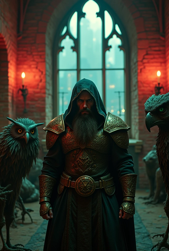 The hardest part of any battle is not the beginning but the ending, epic fantasy, dramatic angle, extreme angle shot, adventure, b-horror film screencap, horror, film noir, (gritty noir), (cyberpunk aesthetic), (steampunk) inside gothic room., epic fantasy, windows, red bricks wall, 3D effect ultra-detailed intricate insanely, expressive eyes sinister look, gothic style dress, crochet, leather red and golden armor, , high-angle shot, over-the-shoulder shot, panoramic shot, hyperrealist artwork, , panoramic shot, silhouette, wide-angle shot, sharp dressed bearded mountain man Homeless hooded 60 years old, half bald, thim but muscular, expressive green eyes, dramatic lighting, ultra realistic design, , wide-angle shot, long exposure rooftop, , horror, high-angle shot, long exposure, close-up portrait, over-the-shoulder shot, handheld shot, I watch in you, , vibrant color grading, close-up portrait, Highly detailed and stylized portrait of a man with a serious expression. The subject has a medium skin tone, a well-groomed black beard, and piercing eyes. He is wearing an intricately designed, bronze-colored hooded cloak with ornate patterns, giving a medieval or fantasy appearance. The background is dark, which accentuates the subject's features and the elaborate details of his attire. The lighting is focused on the man's face, highlighting his strong facial features and the texture of the cloak., Owl made of branches, leaves, grasshopper, guardian of the deep forest, mythical being expressive eyes, intricate detail, volumetric rendering,intricate insanely 3D effect, , indie film screencap, (retrofuturism, atompunk), (cyberpunk aesthetic), (steampunk), (gritty noir)