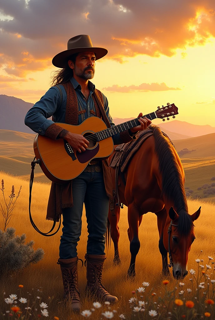 Martin Fierro with his guitar and horse