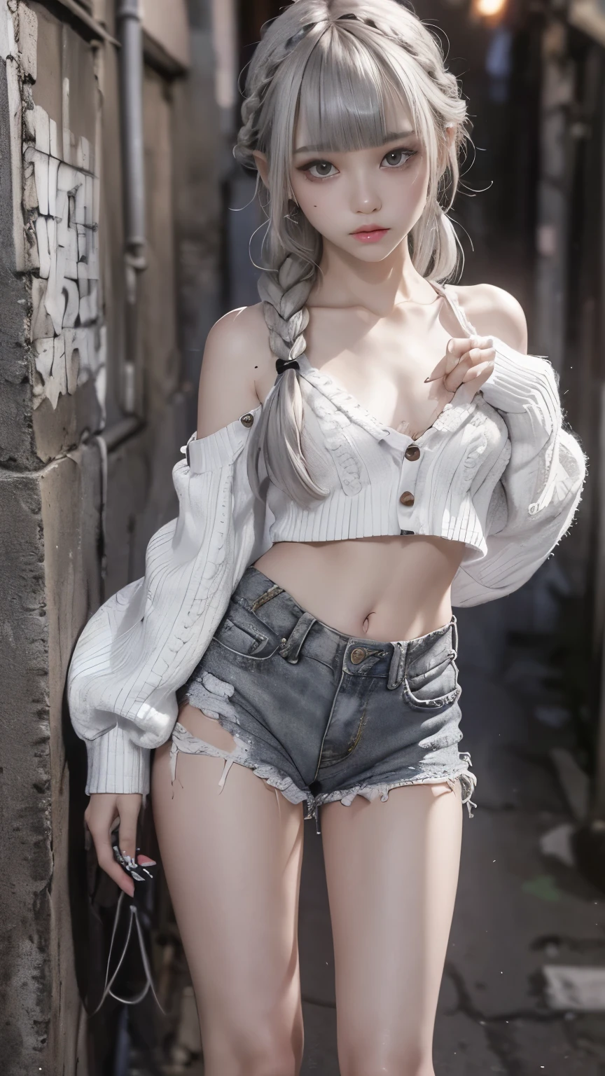 RAW Photos, 8k, (Highest quality), Realistic, (live-action, Intricate details), (Natural skin texture, Detailed skin, Hyperrealism, Sharpness), (Japanese  girl standing in a dirty back alley at night, graffitied wall:1.3, Sexy pose), ((White knit sweater, Off the shoulder, Black shorts)), (((Flat Chest:1.5))), (Pale skin:1.2), ((Gray Hair, Braid, Blunt bangs)), (Fascinating face, Provocative look, Lips parted:1.3), thigh, graffiti:1.5, trash can, at night, Spot lighting:1.3, Full Body Shot