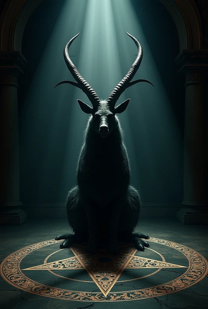 ultrareal baphomet pentagram, highly detailed, dark occult ritual, gothic horror atmosphere, ominous lighting, moody colors, dramatic chiaroscuro, masterpiece, 8k, photorealistic