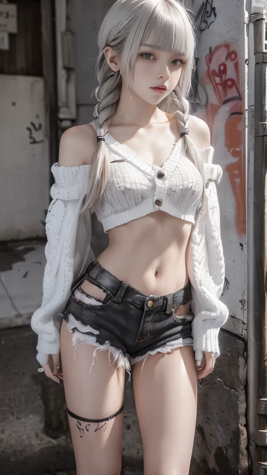 RAW Photos, 8k, (Highest quality), Realistic, (live-action, Intricate details), (Natural skin texture, Detailed skin, Hyperrealism, Sharpness), (Japanese teen girl standing in a dirty back alley at night, graffitied wall:1.3, Sexy pose), ((White knit sweater, Off the shoulder, Black shorts)), (((Flat Chest:1.5))), (Pale skin:1.2), ((Gray Hair, Braid, Blunt bangs)), (Fascinating face, Provocative look, Lips parted:1.3), thigh, graffiti:1.5, trash can, at night, Spot lighting:1.3, Full Body Shot