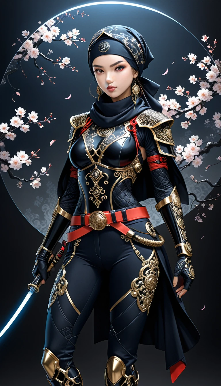 (in style of Nick Veasey:1.4),in style of Karol Bak,
1girl,(cowboy_shot:1.3),old japanese ninja,ring background composition,minimalist cherry blossom badge pattern background,
(wrap in a headscarf:1.4),glowing fluorescence bule,Ninja Suit: Dark Navy Blue and Black,Jacket: Black,Pants: Black,Belt: Black or Dark Gray,Leg Wraps: Black,Scarf: dark red,Wrist Guards: Black,Gloves: Black,Straw Sandals: Natural Straw Color or Black,Split-Toe Socks: Black,Shoulder Guards: Black,
(insanely detailed and intricate, hypermaximalist, elegant, ornate, hyper realistic, super detailed:1.1),(dynamic pose:1.3),fighting,