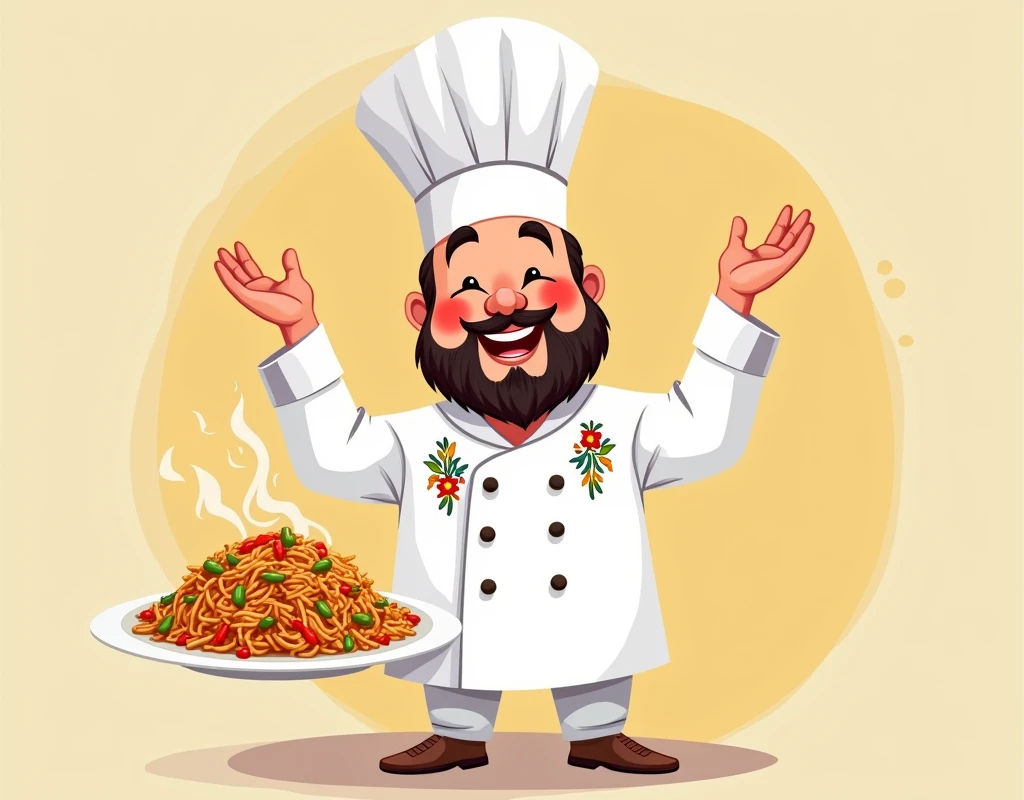 Pakistani , chubby, chef, happy, no background, illustration