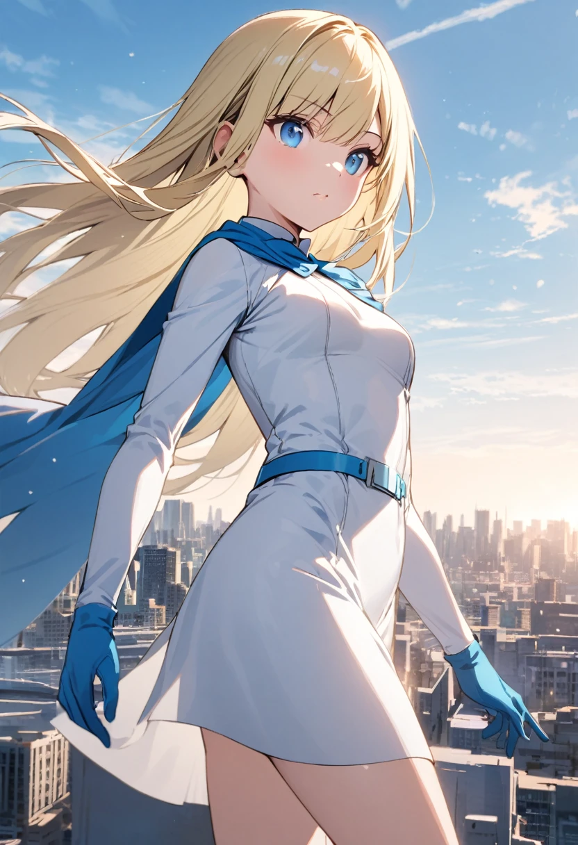 young girl with long straight blonde hair with a bang, blue eyes, white superhero costume, blue gloves, light blue cape and skirt, long sleeves, light blue belt, city background