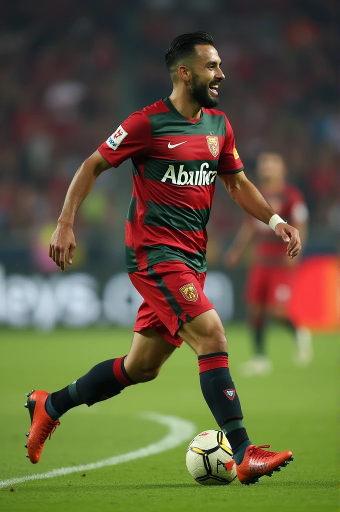football player, with Abulfaz written on his back, is happy after scoring a goal