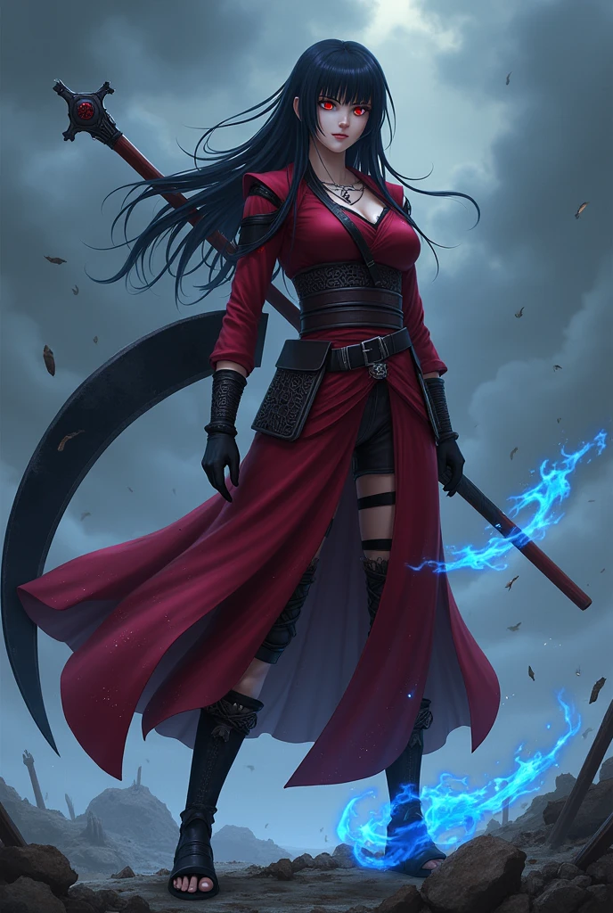 The female version of Madara Uchiha exudes an aura of majesty and relentless power, embodying the strength and legacy of the Uchiha clan. She is tall with an imposing presence, her porcelain skin contrasting with the intense red of her Sharingan eyes. Her long, jet-black hair falls to her waist, with thick bangs partially obscuring one eye, adding to her mystique. Clad in a dark red Uchiha armor that accentuates her feminine silhouette, she stands atop a ravaged battlefield under stormy skies. In one hand, she wields a black-bladed war scythe, while blue flames of the Susano'o begin to manifest around her. Her expression is firm, with a slight smirk of superiority, reflecting her absolute confidence in her overwhelming power.