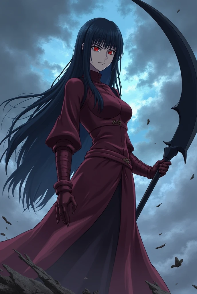 The female version of Madara Uchiha exudes an aura of majesty and relentless power, embodying the strength and legacy of the Uchiha clan. She is tall with an imposing presence, her porcelain skin contrasting with the intense red of her Sharingan eyes. Her long, jet-black hair falls to her waist, with thick bangs partially obscuring one eye, adding to her mystique. Clad in a dark red Uchiha armor that accentuates her feminine silhouette, she stands atop a ravaged battlefield under stormy skies. In one hand, she wields a black-bladed war scythe, while blue flames of the Susano'o begin to manifest around her. Her expression is firm, with a slight smirk of superiority, reflecting her absolute confidence in her overwhelming power.
