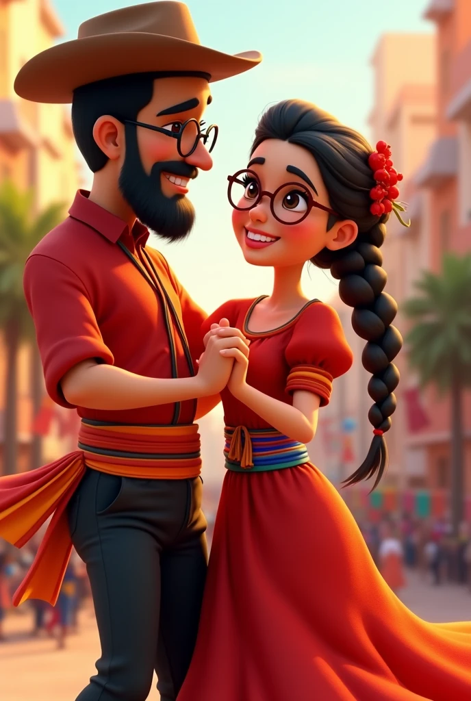 A couple dressed in typical Paraguayan dance clothes. The man wears black pants with a typical warm colored sash at the waist, red ao po'i shirt and in the neck he wears a black handkerchief, he wears a hat, he has a beard and his skin color is dark, he wears myopia glasses with black frame. The woman wears a long and wide skirt typical of red color, in the waist a thin sash of warm colors and a blouse of red ao po'i, has braids in the hair and uses round myopia glasses with thin frame and light brown color, animated 3D cartoon style.