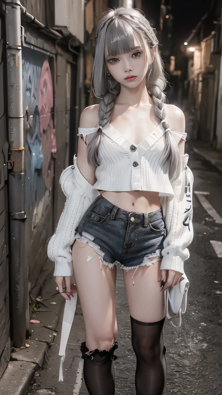 RAW Photos, 8k, (Highest quality), Realistic, (live-action, Intricate details), (Natural skin texture, Detailed skin, Hyperrealism, Sharpness), (Japanese teen girl standing in a dirty back alley at night, graffitied wall:1.3, Sexy pose), ((White knit sweater, Off the shoulder, Black shorts)), (((Flat Chest:1.5))), (Pale skin:1.2), ((Gray Hair, Braid, Blunt bangs)), (Fascinating face, Provocative look, Lips parted:1.3), thigh, graffiti:1.5, trash can, at night, Spot lighting:1.3, Full Body Shot
