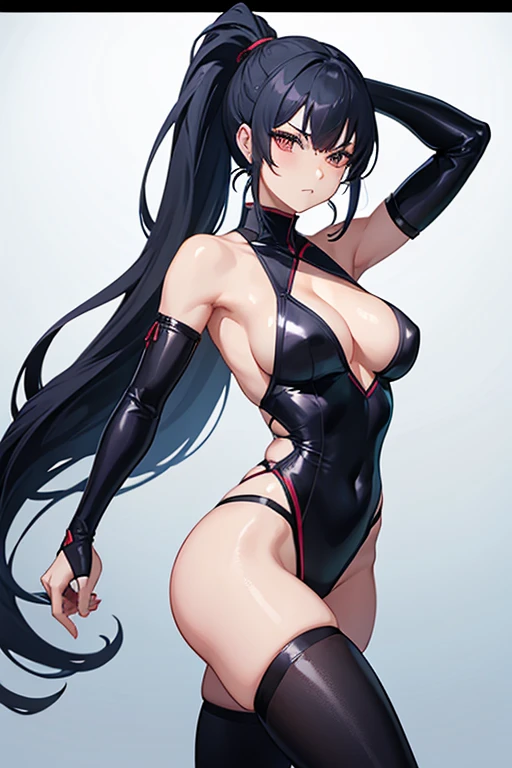 Female Ninja、Bare arms、Sexy pose、Long Hair、ponytail、Exposed cleavage、Japanese style background