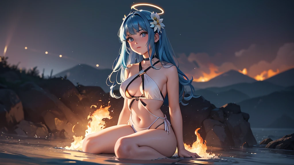 masterpiece, exquisite, {beautiful and meticulous girl}, beautiful and detailed halo, (fire of war: 1.2), (fire explosion behind: 1.3), rain, detailed lighting, detail water, (beautiful and detailed eyes: 1.1), glitter_force, palace, sky blue hair, scattered hair, long bangs, eyebrows, (Open Stitch Ring Linked Halter Neck Backless Swimsuit: 1.1), black ribbon, white bow tie, upper abdomen, big forehead, flower, sitting in the water, leaning back