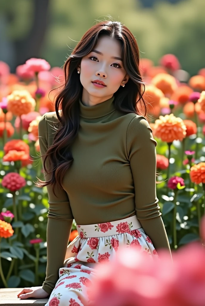 (best quality,4k,highres,masterpiece:1.5),ultra-detailed,(realistic,photorealistic,photo-realistic:1.37), beautiful girl 24 years old, beautiful detailed eyes,beautiful detailed lips,extremely detailed eyes and face,longeyelashes,1girl,illustration,soft lighting,vibrant colors,bokeh,romantic,dreamlike,ethereal vibe,Full Body Professional Photo, (Photo 4K:1.1) (Sharp Focus:1.1), High Detail, Woman in(beautiful chrysanthemum garden:1.2), Pretty Buttocks, long Hair, Instagram Pattern Pose, confident, slim girl, big tits:1.2, perfect anatomy, perfect symmetry:1.2, Realistic, realistic face:1.3, perfect face, content, confident, very detailed, and dramatic, cinematic lighting, Lighting scene, soft lights graceful movement, full body photography, (((masterpiece :1.5))), photoreal acmm ss outfit, wearing acmm top, light purple acmm top, short sleeves, buttons, wearing acmm long skirt, white and pink with printed acmm long skirt, acmm ls outfit, wearing acmm top, olive green acmm top, long sleeves, wearing acmm long skirt, olive green acmm long skirt, printed skirt, Sitting on Table perfect butt