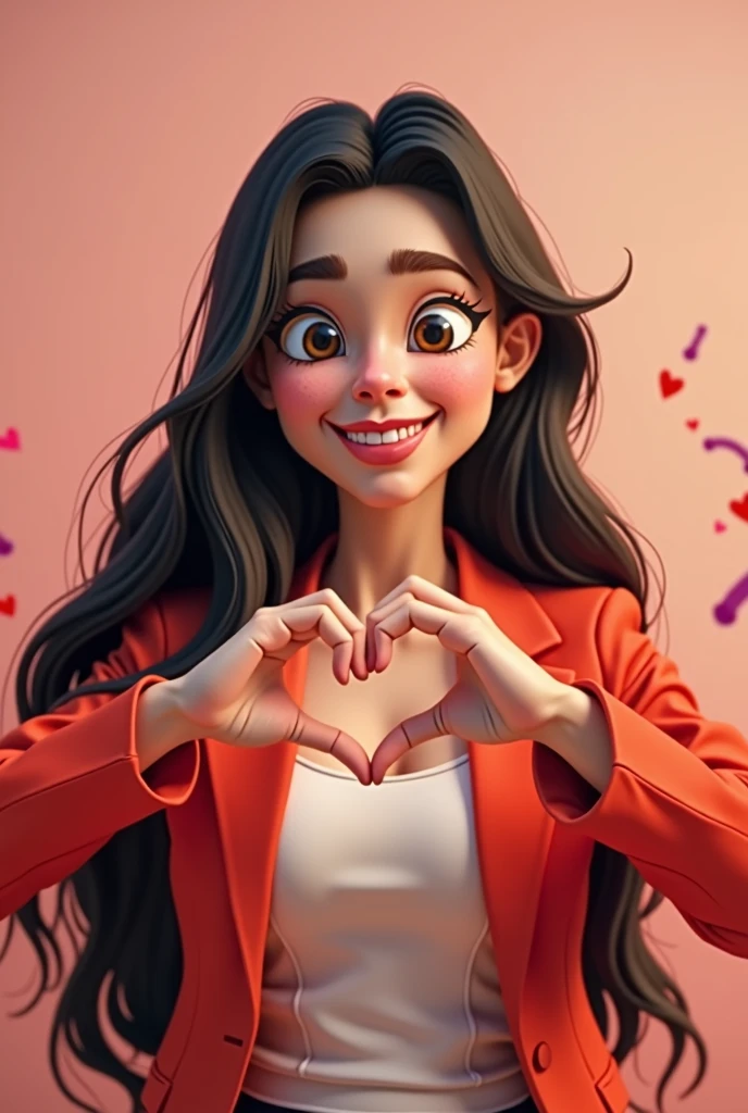 A fair-skinned woman with long black hair is sitting and making a heart shape with her hands, smiling broadly at the camera. She is wearing a vibrant red blazer over a white blouse. pixar