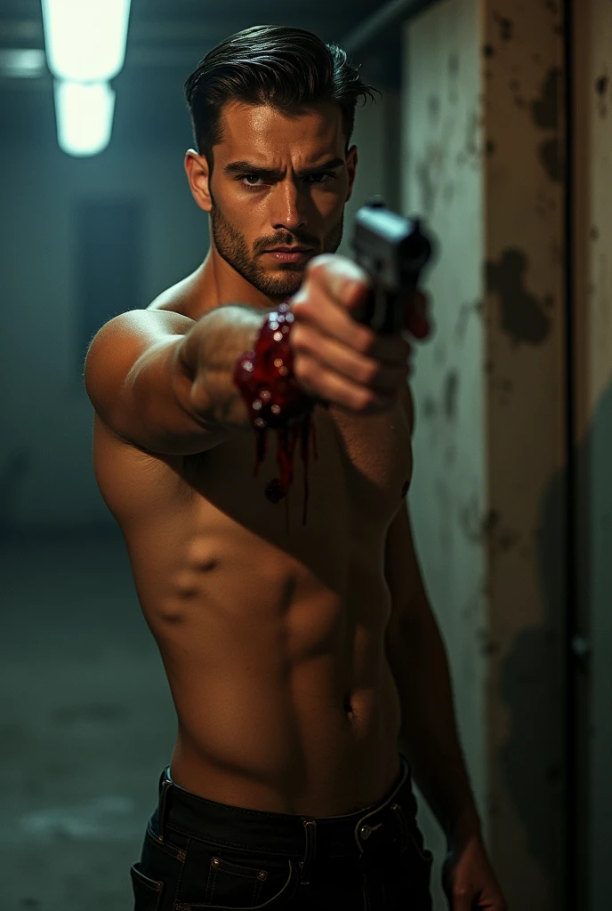 Generate a detailed  visual of a man with a modeling look.He has short hair and is pointing a gun with his right hand directly at the camera.But the poster shows the man in low angle frame. From bottom to top angle.There is a bleeding wound on his left hand, around which a cloth is wrapped.The wound on the left hand is wrapped with a cloth, tightened and bitten with the mouth.He has a flexible and slim body and is shirtless. The image should be dramatic and intense, with a focus on the man's expression and posture.Action Movie poster.