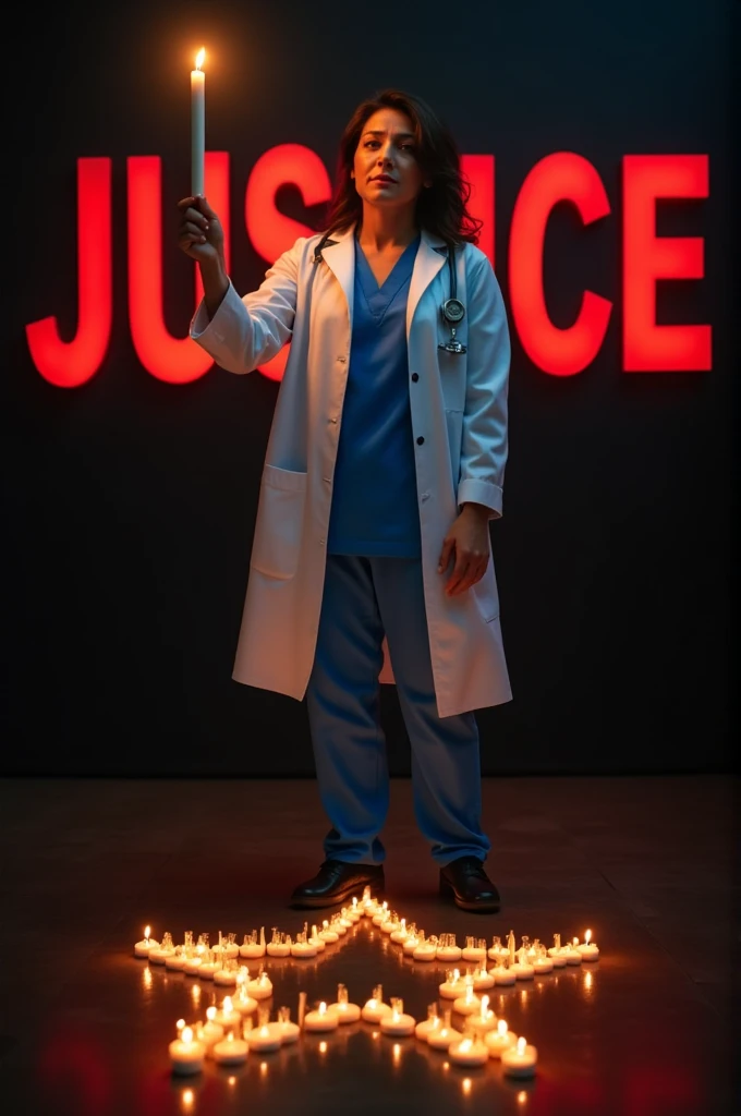 A woman in a white lab coat and blue scrubs confidently holds a lit candle aloft in a dark setting. The background features the word JUSTICE in bold red letters, while a star shape made of small candles illuminates the ground. The overall tone is dramatic and intense, with a red hue ting the scene. A girl is crying for her justice