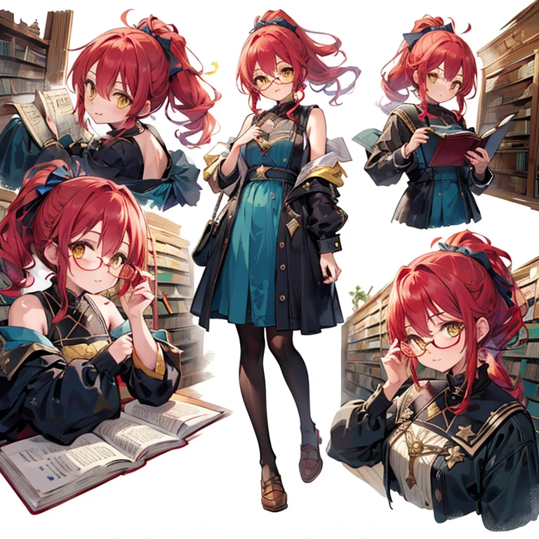 1 girl, librarian, (masterpiece, highest quality),(Detailed Hair), Super detailed, Anime Style, whole body ,cute, whole bodyきぐるみ, red hair ponytail、yellow eyes, Digital Painting, 8K High Resolution, whole body, White Background, Dynamic pose, Dynamic composition, (((comfortable clothes to wear in the library))), smile, pastel color, stars, (horrible fashion sense), lazy and tired, ((glasses)), books