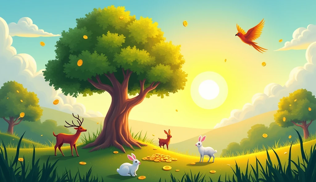 A vibrant vector art wall painting in landscape orientation. The scene features a 2D-shaped 'Kalpa Vriksha' as the central focus, with the sun well above the tree, casting a warm glow. Very few small gold coins gently falling from the tree are clearly visible. The surrounding area includes lush green grass with small animals like deer and white rabbits near the Kalpa Vriksha. The sky is a soft blue morning hue with a few cute birds and parrots flying. The colors are vibrant and designed to match yellow color palletes.