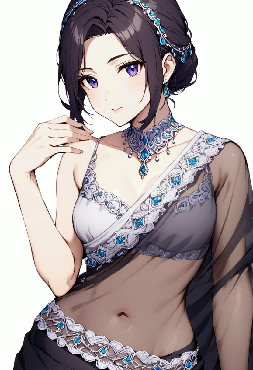 Shinobu wearing saree, no  blouse, one hand raised