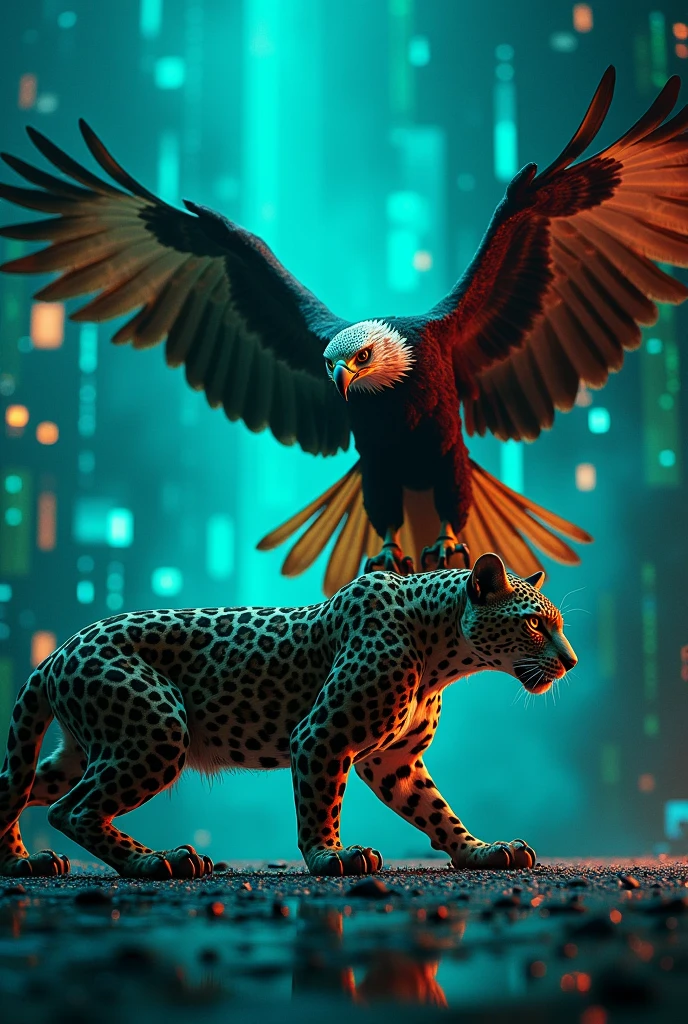 Technological background of a computer with an angry eagle and a jaguar