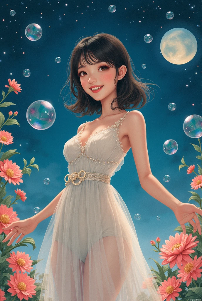 A magical night。Surrounded by soap bubbles, flowers, and gears。A sheer dress that hides the elegant skin.。Medium Hair。Side hair is layered、The bangs are straight and reach the eyes。
Kyoko Fukada、Japanese face。
A gentle gaze。Round face。
the neck is thick。The neck is short。She has big breasts。The shoulders are wide。Waist circumference、The upper arms are quite thick。thighs are thick。Selfish Body。155cm80kg
5 heads tall
Thin, raised eyebrows、Sharp down-turned eyes、Smiling with outstretched arms and calling
