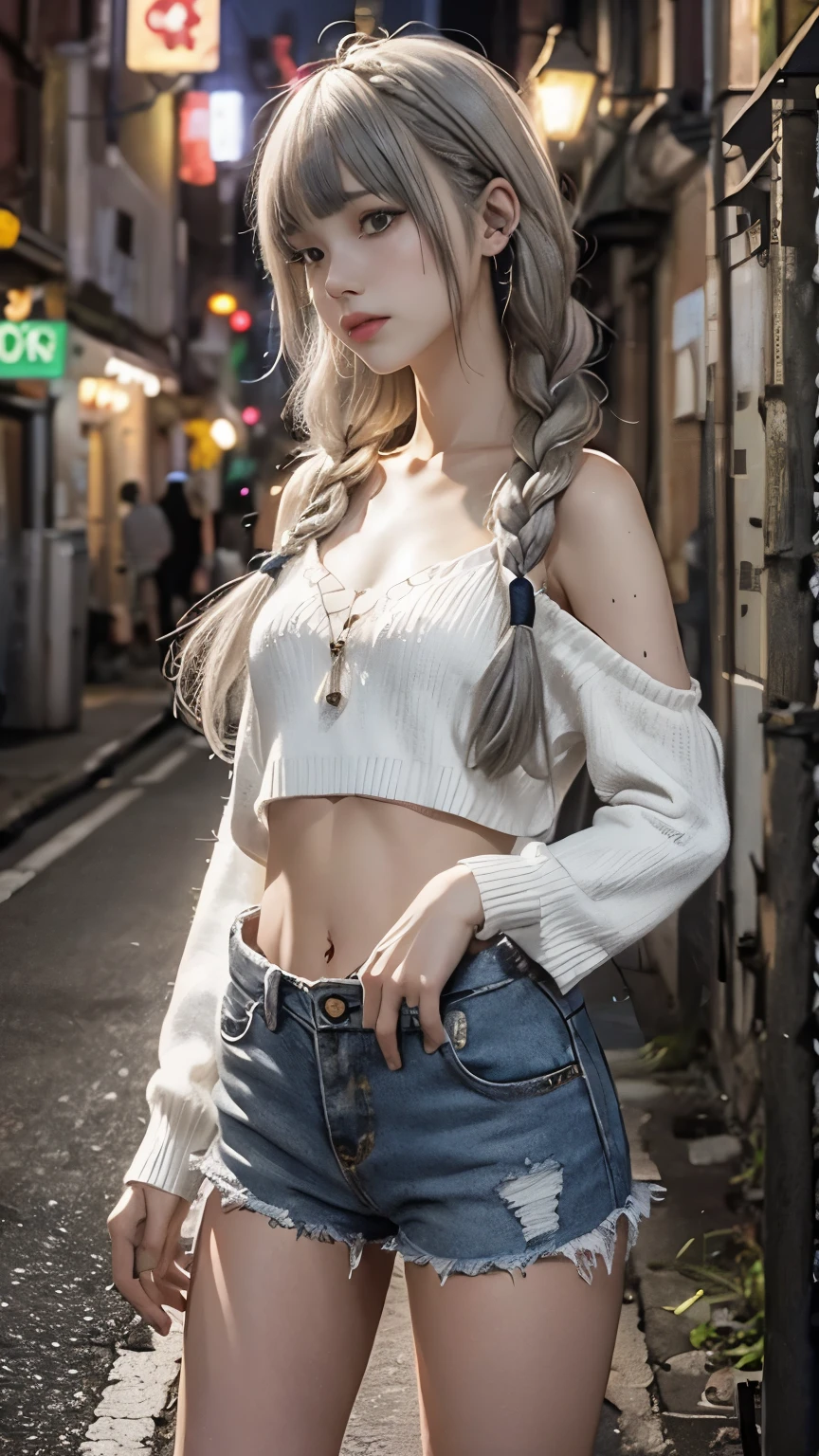 RAW Photos, 8k, (Highest quality), Realistic, (live-action, Intricate details), (Natural skin texture, Detailed skin, Hyperrealism, Sharpness), (Japanese teen girl standing in a dirty back alley at night, graffitied wall:1.3, Sexy pose), ((White knit sweater, Off the shoulder, Black shorts)), (((Flat Chest:1.5))), (Pale skin:1.2), ((Gray Hair, Braid, Blunt bangs)), (Fascinating face, Provocative look, Lips parted:1.3), thigh, graffiti:1.5, trash can, at night, Spot lighting:1.3, Full Body Shot
