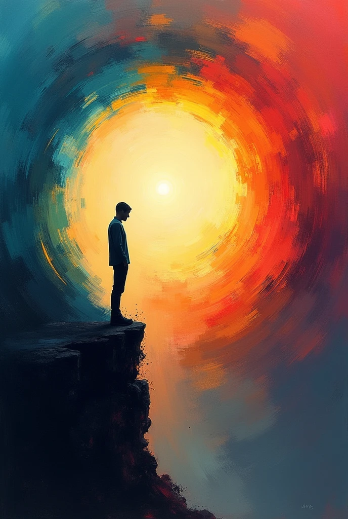An abstract art piece depicting a person who needs to step out of their comfort zone to achieve something but is afraid..