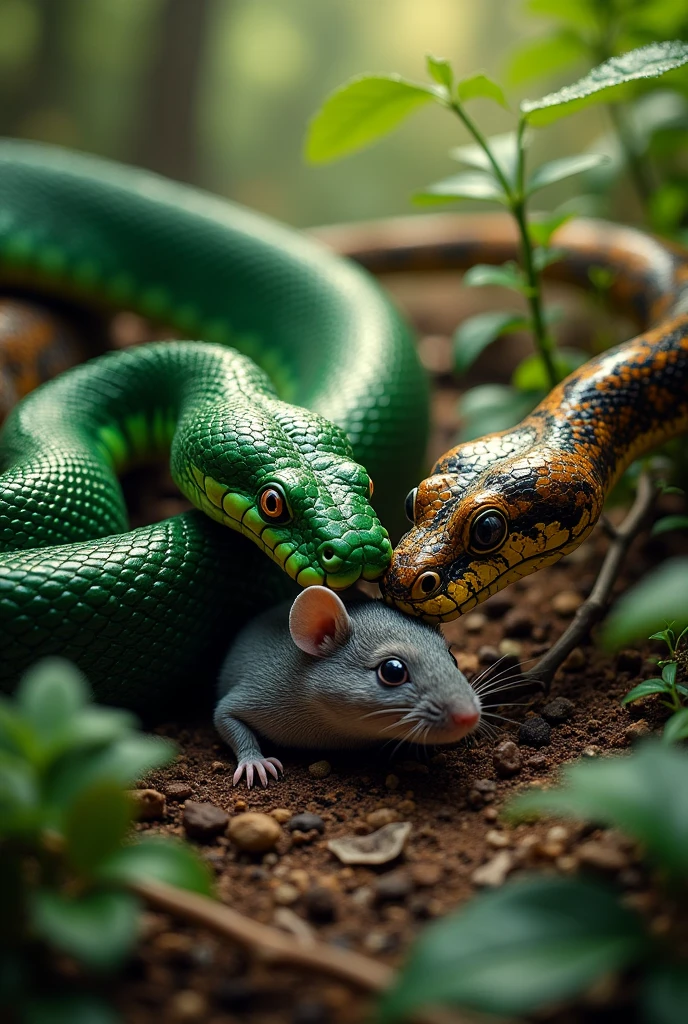 A snake being eaten by another snake as it tries to reach an already killed mouse to eat