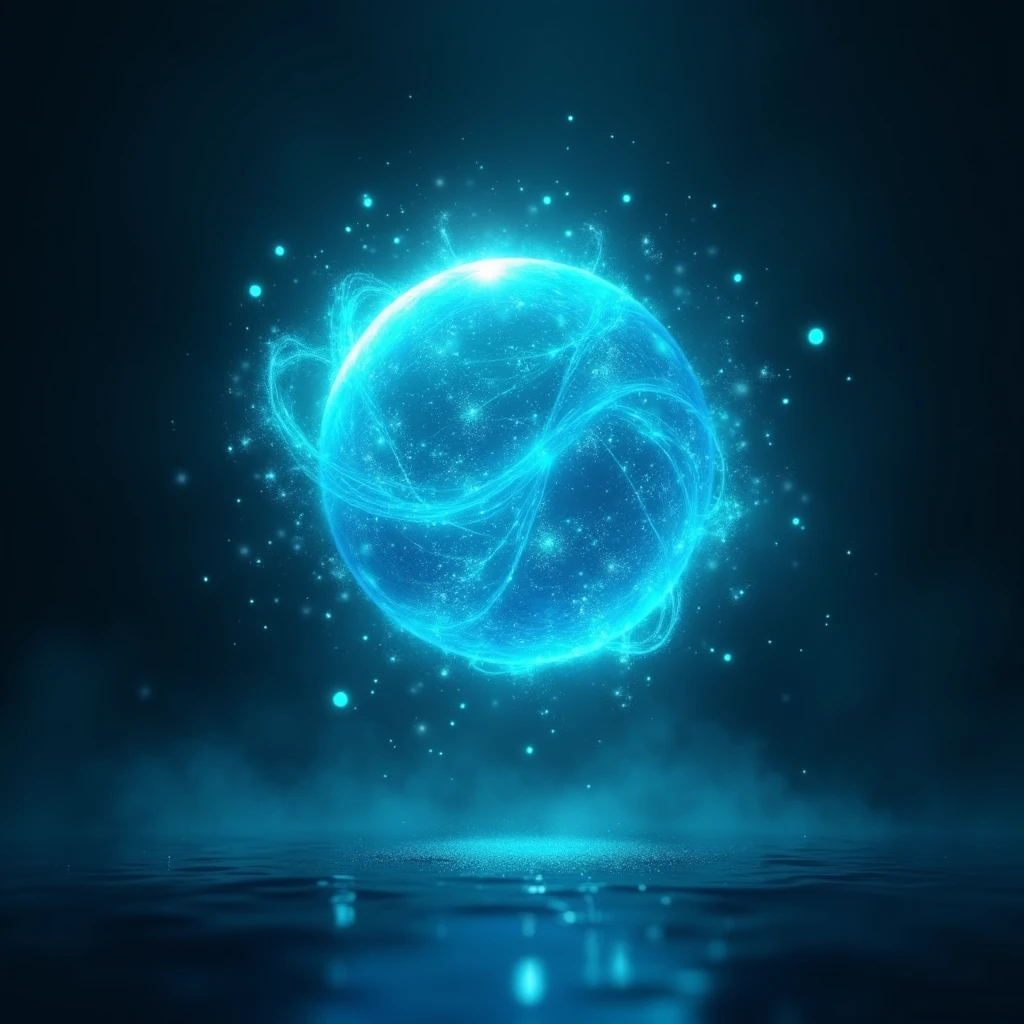 hyperrealistic, a ball of blue mana, floating in the air, a teal energy emanates from its center, particles of this light deteriorate in the darkness