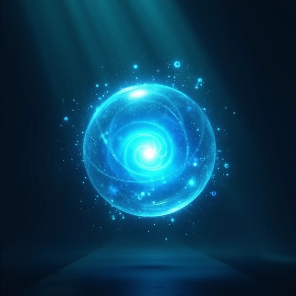 hyperrealistic, a ball of blue mana, floating in the air, a teal energy emanates from its center, particles of this light deteriorate in the darkness