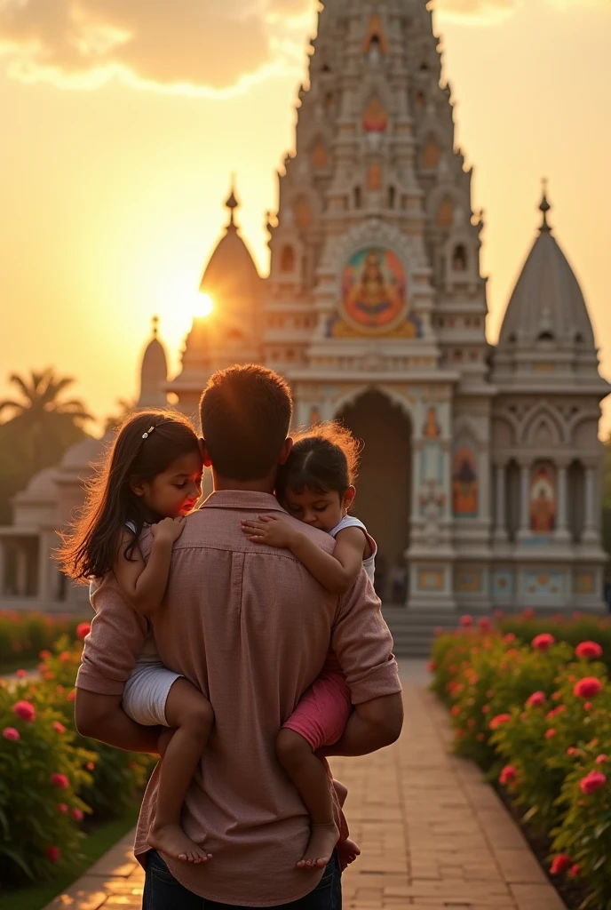 A married man holding his two daughters in his arms praying in front of a hindu temple