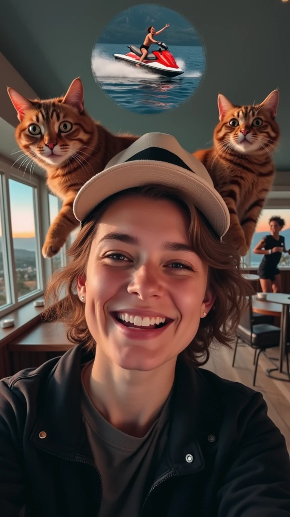 Imagine l’image prompt fesans un selfie portant un chat sur son epaule avec un chapeau sur la tête une autre photo fessans du jetski une autre a la salle de sport et une autre dans café avec une belle vue en arrières plan