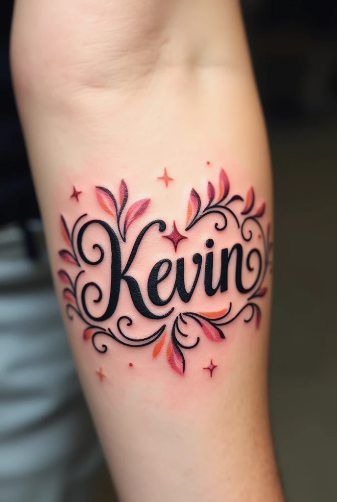 A tattoo with the name "Kevin" in italics